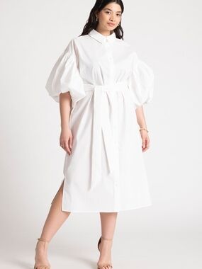 Eloquii White Puff-Sleeve Shirt Dress with Waist Tie